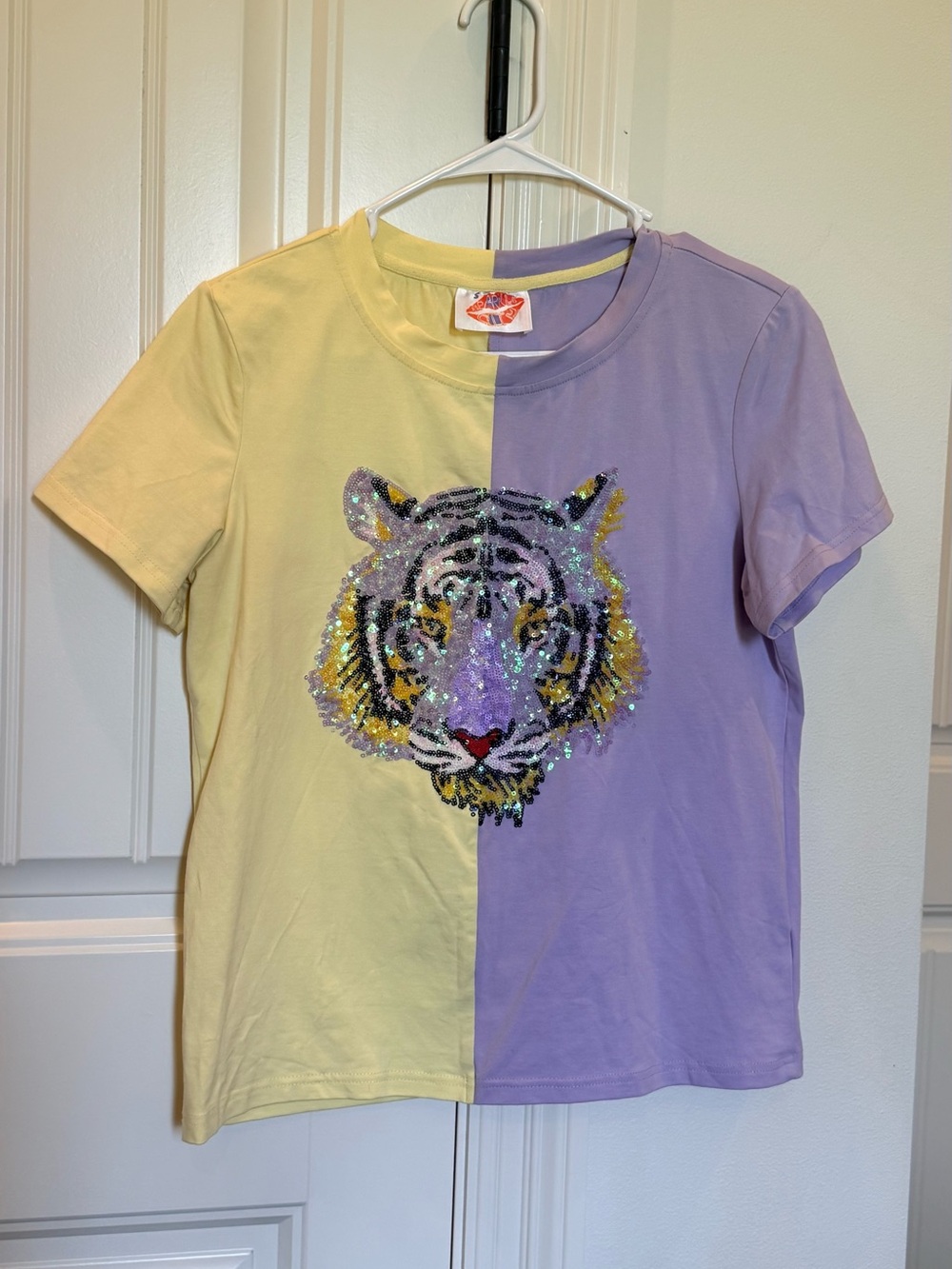 Short Sleeve Two-Tone Yellow & Lavender Tiger Sequin Tee